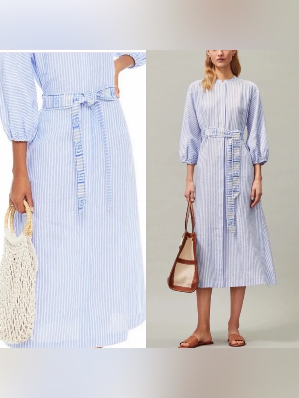 Tory Burch Belted Striped Linen Midi Dress Blue White XS 73766